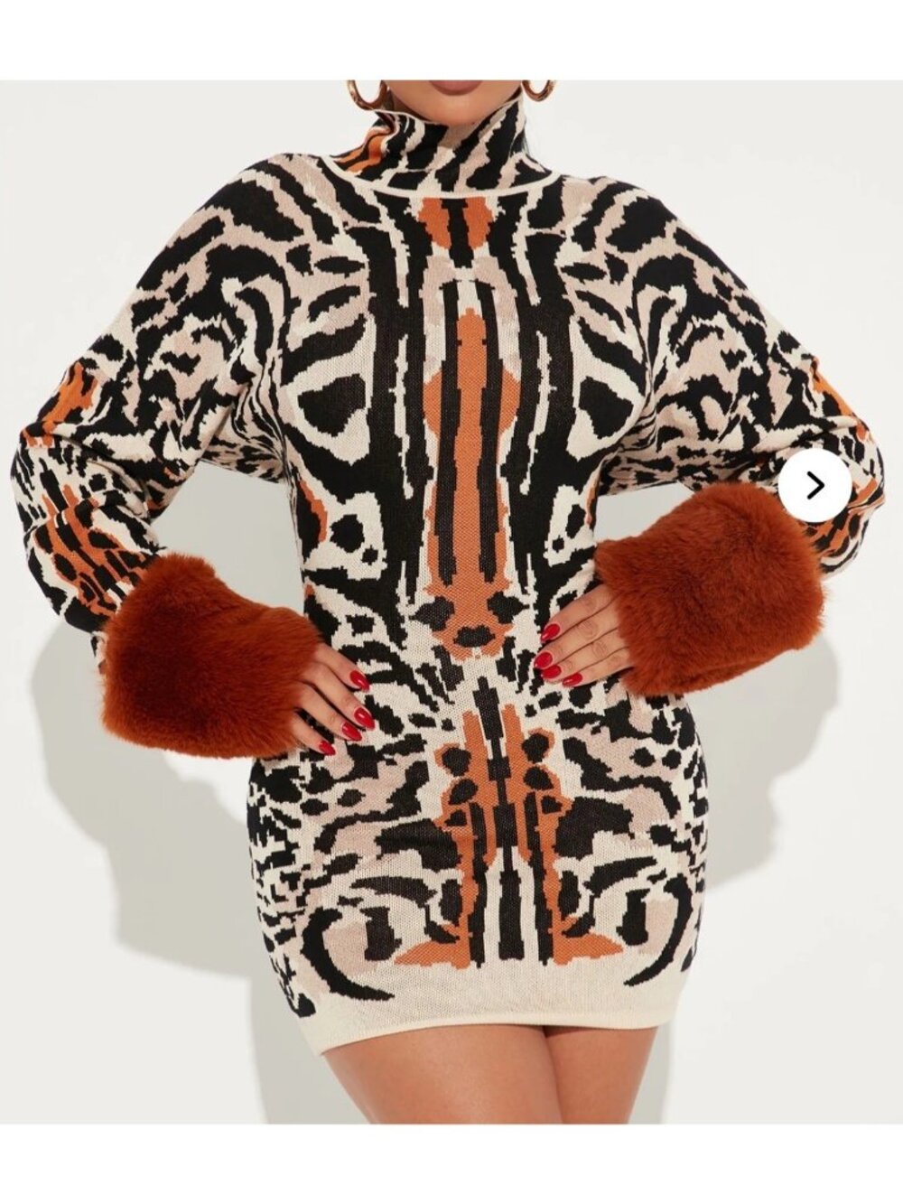 Fashion Nova Tigress Sweater Mini Dress M Brown Combo Faux Fur Mob Wife Glamcore